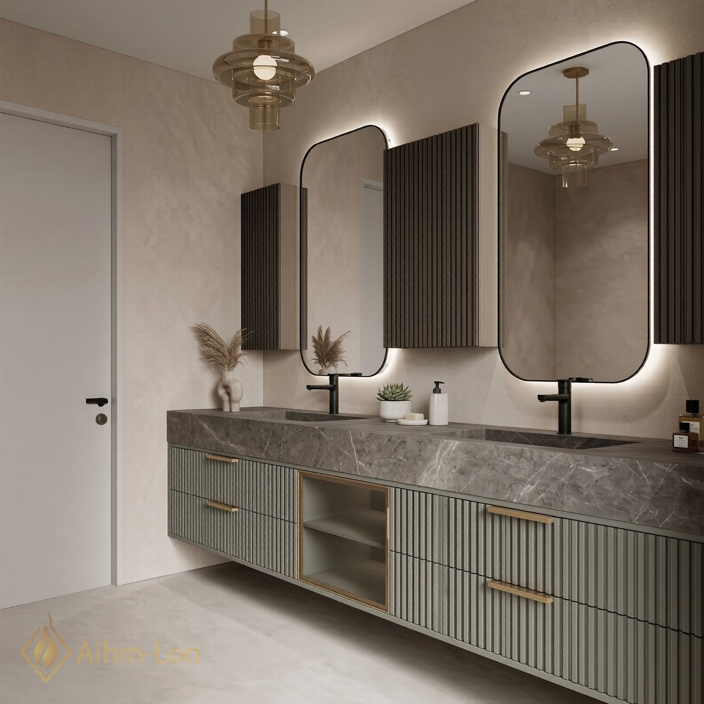 60''-96'' Double Bathroom Vanity with Sink Grooved Panel Front Gray Stone Vein