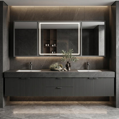 60''-96'' Double Bathroom Vanity with Sink Ribbed Front Doors Matte Dark Cabinet