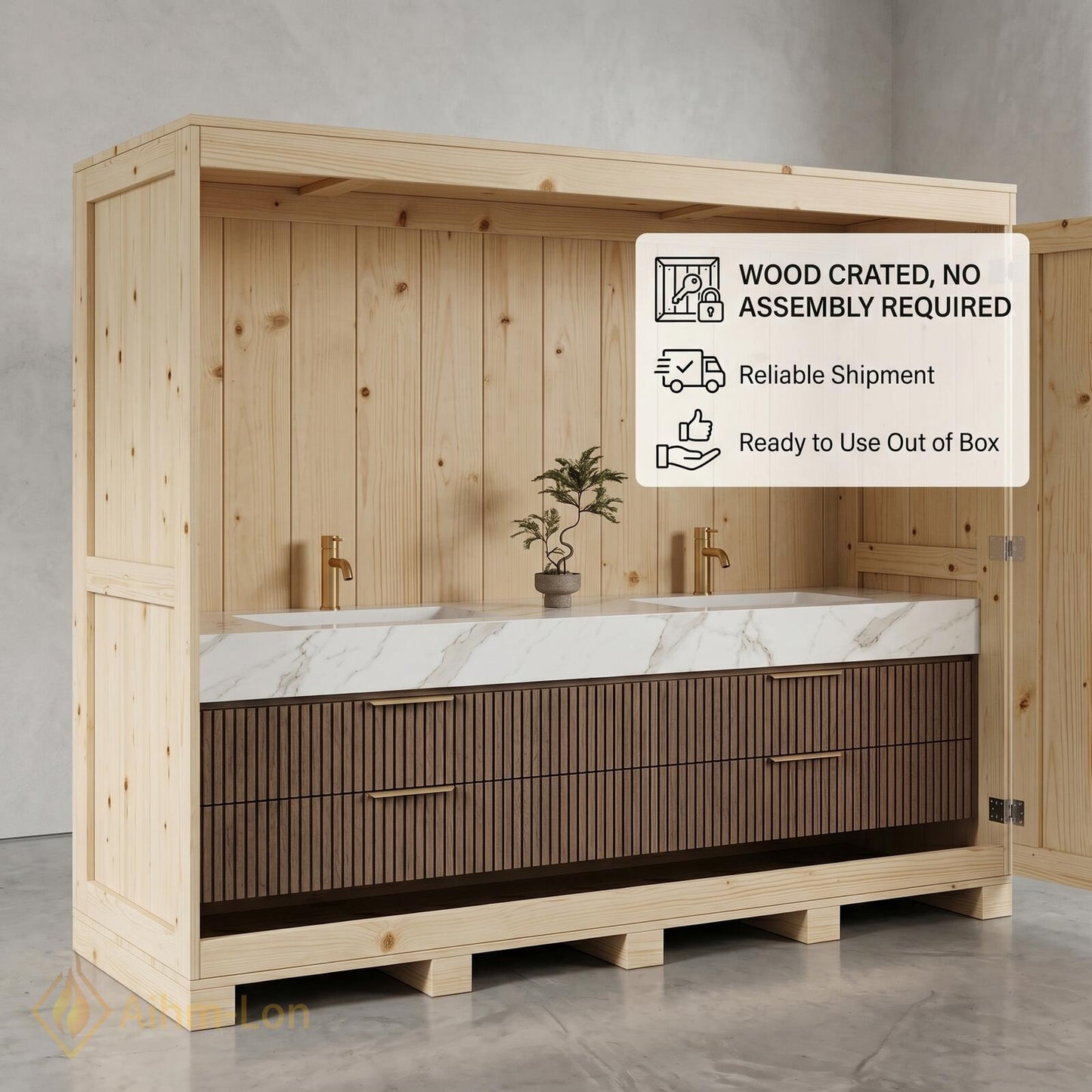 60''-96'' Double Bathroom Vanity with Sink Modern Floating Slatted Front Dark Walnut