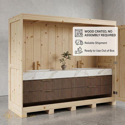 60''-96'' Double Bathroom Vanity with Sink Modern Floating Slatted Front Dark Walnut