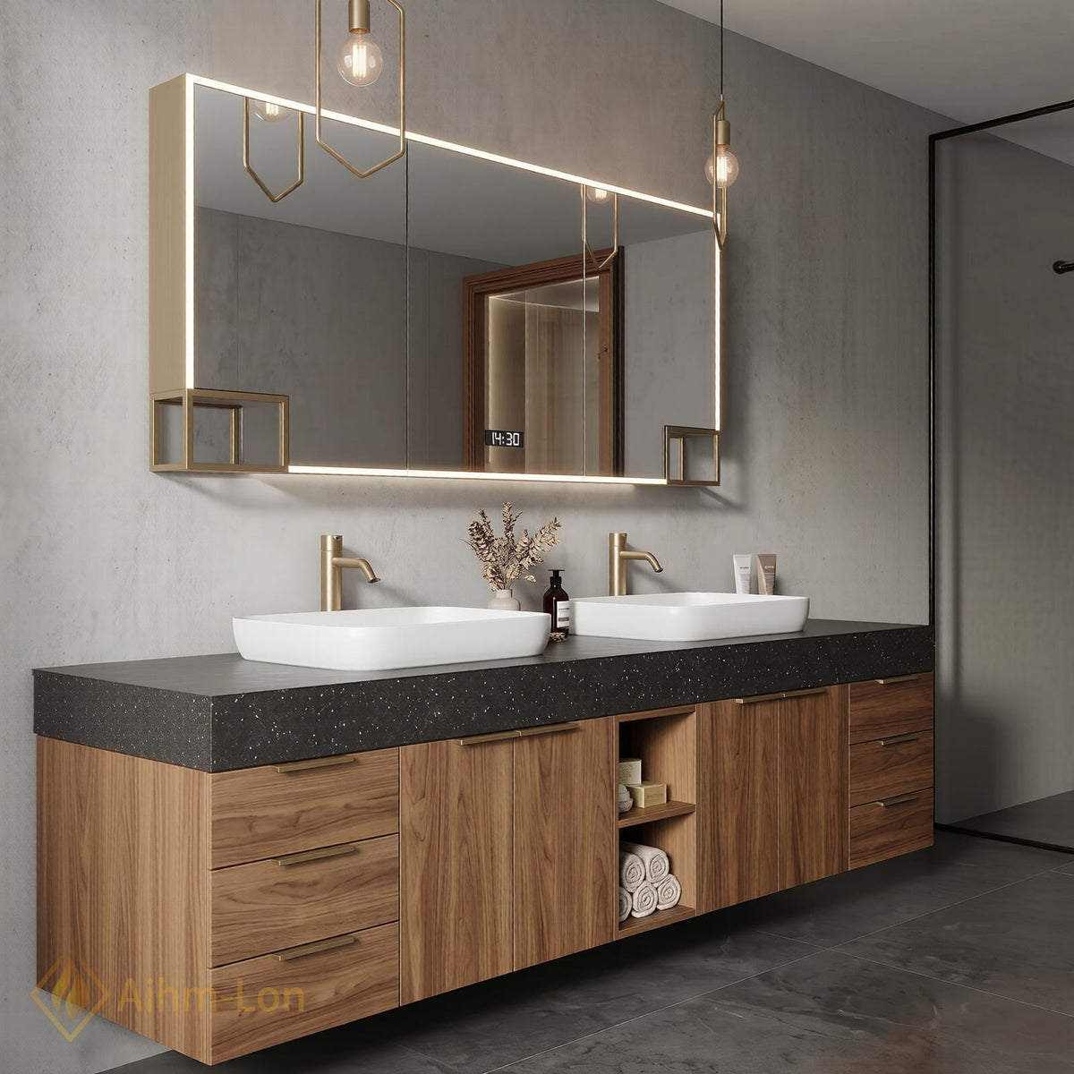 76''-96'' Double Bathroom Vanity with Sink Floating Double Walnut Finish Open Shelving