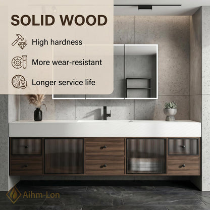 60''-96'' Bathroom Vanity with Sink Floating Slatted Glass Doors White Solid Top