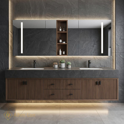60''-96'' Double Bathroom Vanity with Sink Floating Dark Walnut Slats Open Center
