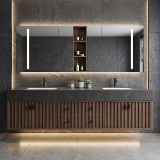 60''-96'' Double Bathroom Vanity with Sink Floating Dark Walnut Slats Open Center