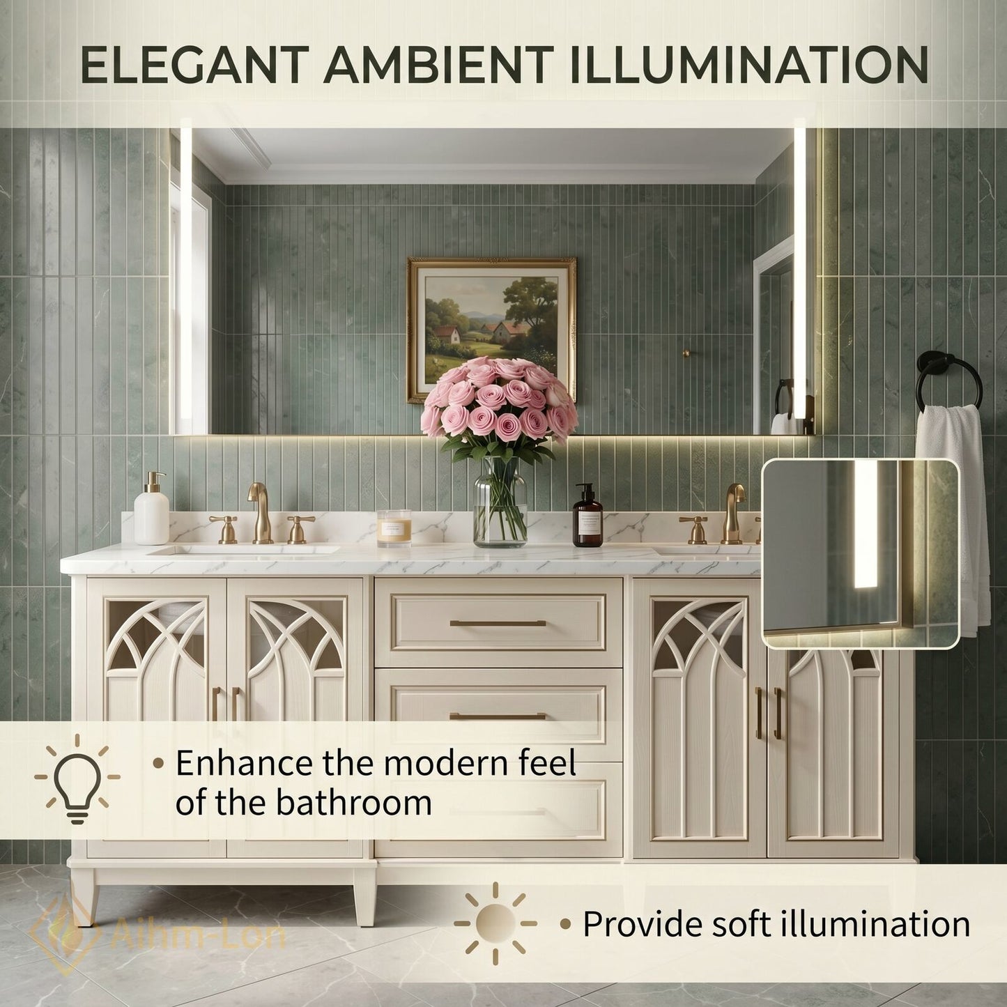 60''-96'' Classic Bathroom Vanity with Sink Arch Lattice Cream Glass Illuminated Mirror