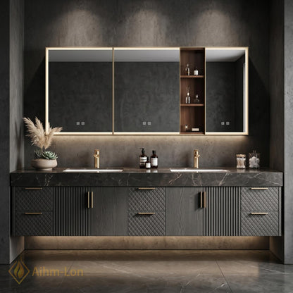 70''-96'' Double Bathroom Vanity with Sink Modern Floating Dark Stone Countertop Textured