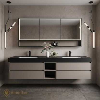 60''-96'' Double Bathroom Vanity with Sink Slatted Front Warm Wood Tone Countertop
