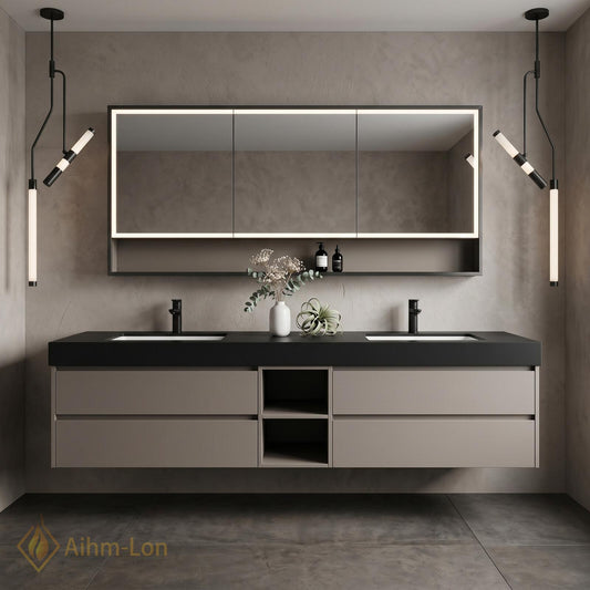 60''-96'' Double Bathroom Vanity with Sink Slatted Front Warm Wood Tone Countertop