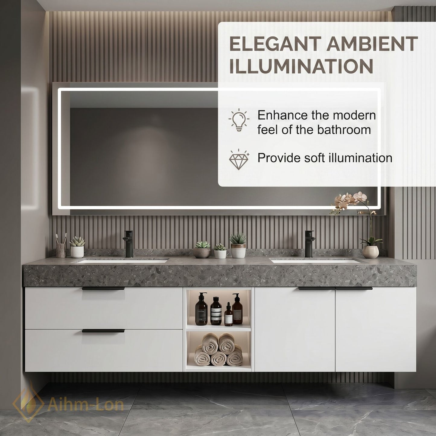 60''-96'' Double Bathroom Vanity with Sink Illuminated Mirror Cabinet Grey Stone Top