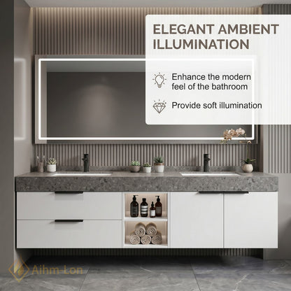 60''-96'' Double Bathroom Vanity with Sink Illuminated Mirror Cabinet Grey Stone Top