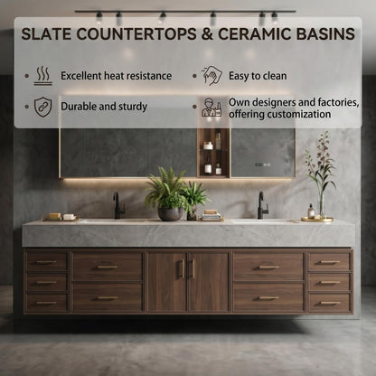60''-96'' Double Bathroom Vanity with Sink Modern Floating Dark Walnut Slatted Center Panel