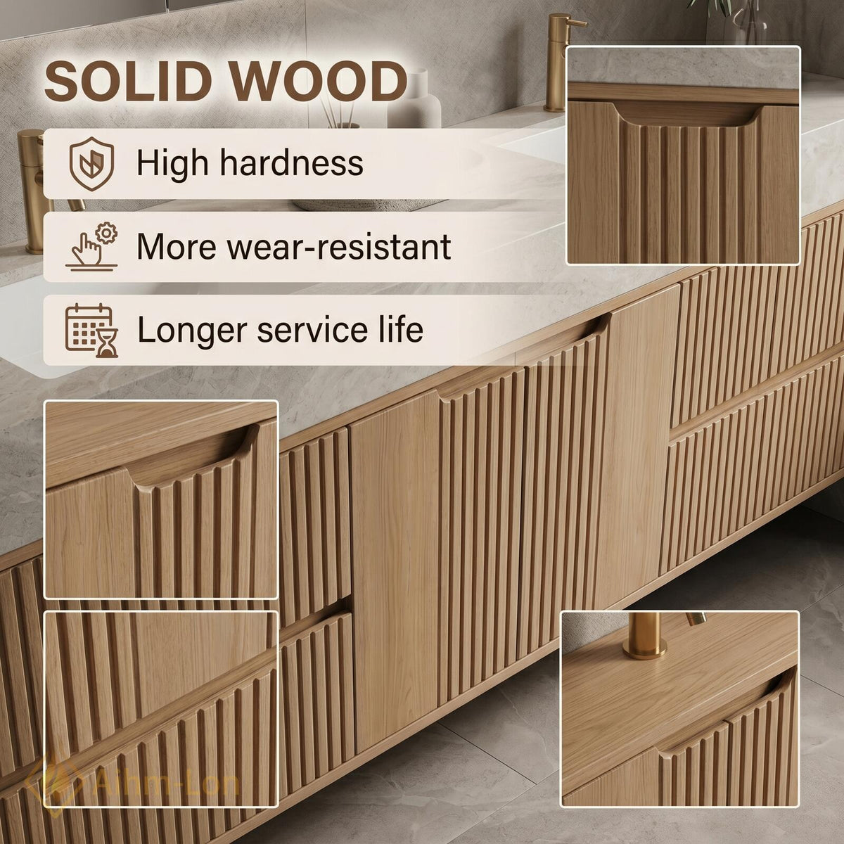 60''-96'' Double Bathroom Vanity with Sink Floating Wood Finish Fluted Panel Doors