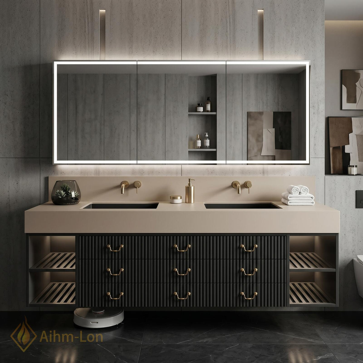 60''-96'' Double Bathroom Vanity with Sink Modern Fluted Drawer Fronts Warm Taupe Countertop