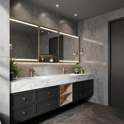 60''-96'' Double Bathroom Vanity with Sink Modern Floating Marble Top Open Wood Shelving
