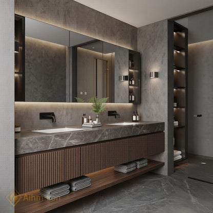60''-96'' Double Bathroom Vanity with Sink Floating Gray Vein Stone Fluted Panel