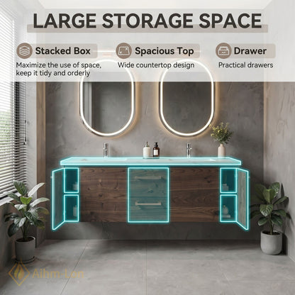 60''-96'' Modern Bathroom Vanity with Sink Floating Warm Woodgrain LED Oval Mirrors