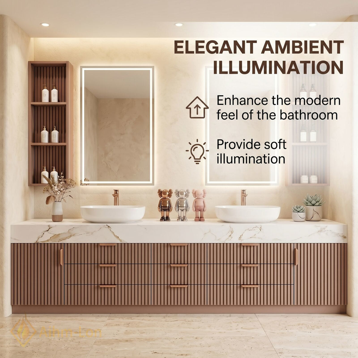 76''-96'' Double Bathroom Vanity with Sink Wood Slatted Front Wide Marble Top