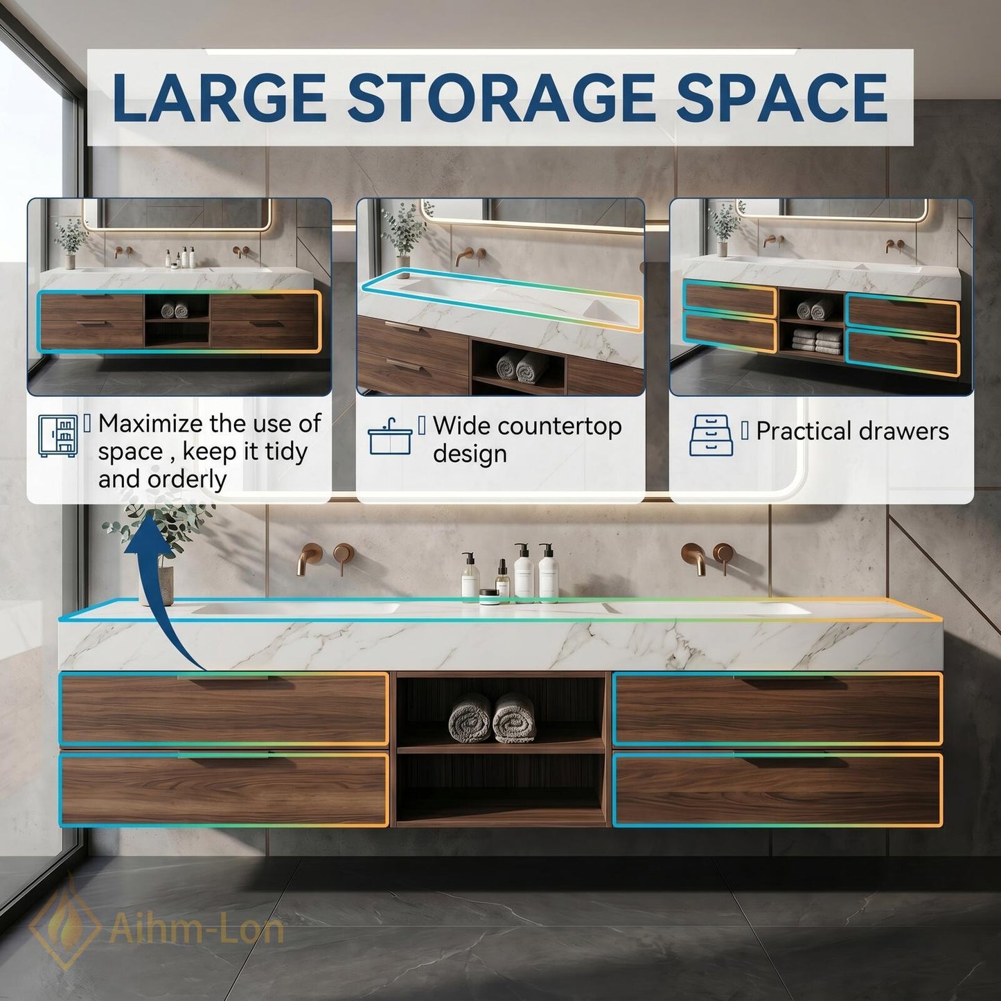 60''-96'' Double Bathroom Vanity with Sink Dark-Walnut White Modern Floating Marble