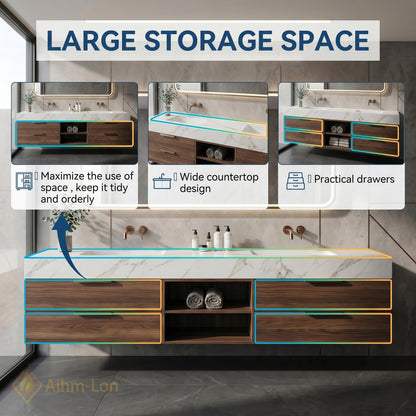 60''-96'' Double Bathroom Vanity with Sink Dark-Walnut White Modern Floating Marble