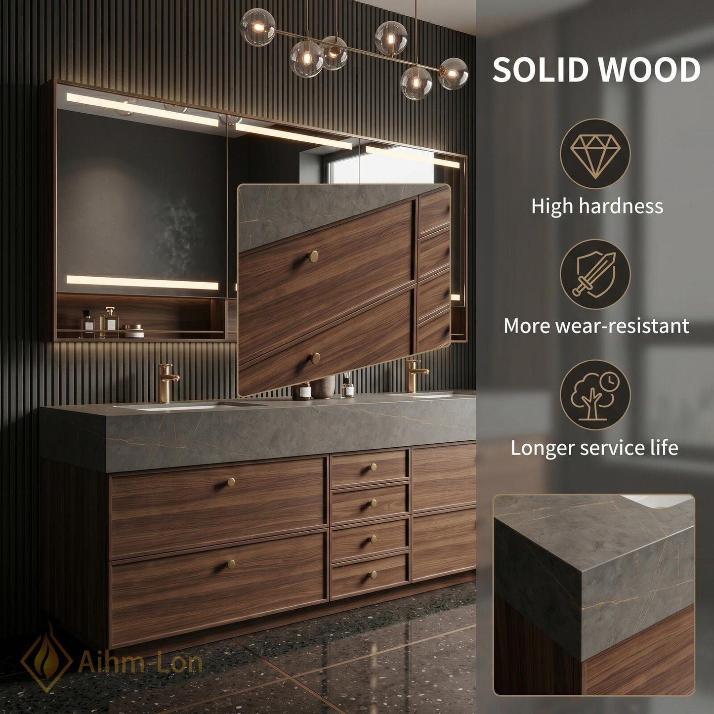70''-96'' Modern Double Bathroom Vanity with Sink Floating Warm Walnut Grain Stack