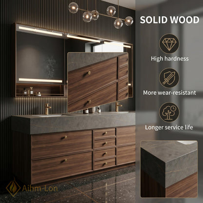 70''-96'' Modern Double Bathroom Vanity with Sink Floating Warm Walnut Grain Stack