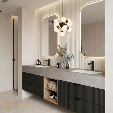 60''-96'' Double Bathroom Vanity with Sink Stone-Top Ribbed Dark Panels Smooth Open