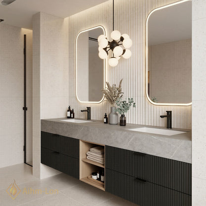 60''-96'' Double Bathroom Vanity with Sink Stone-Top Ribbed Dark Panels Smooth Open