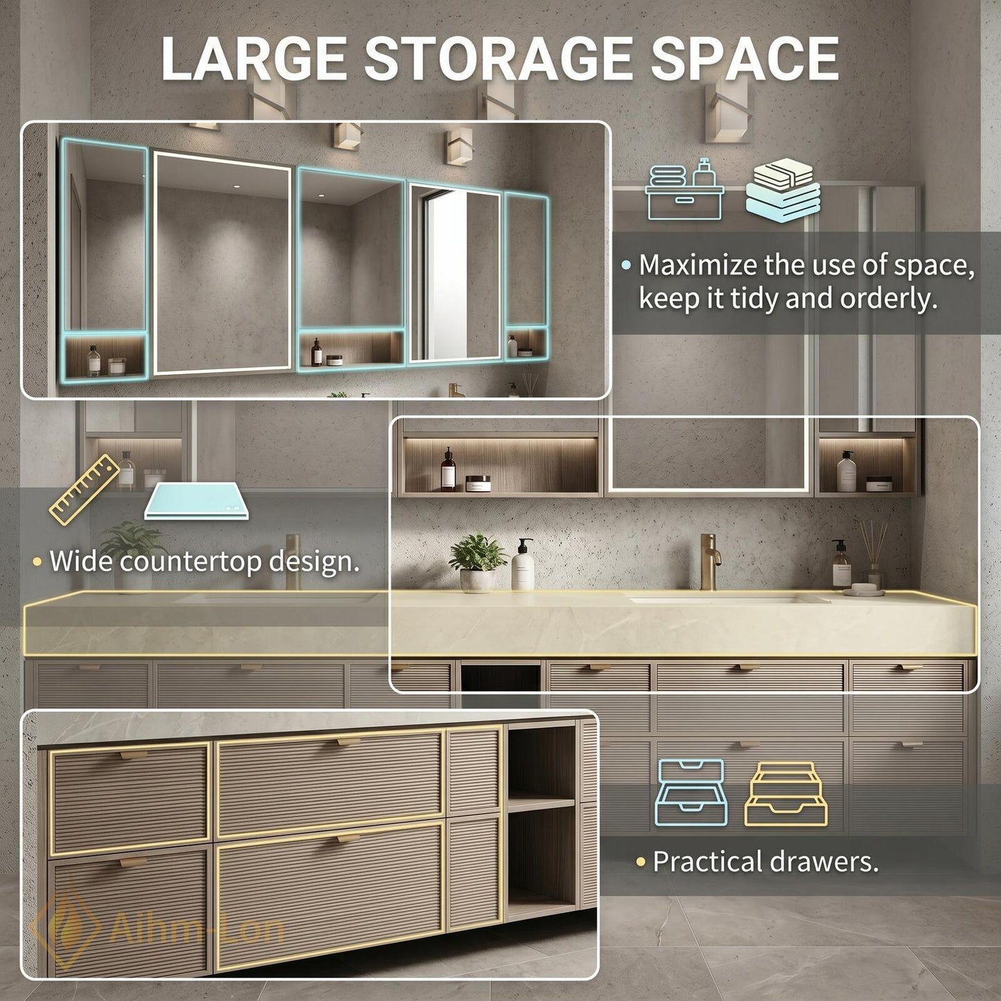 78''-96'' Double Bathroom Vanity with Sink Floating Stone Top Slatted Doors Center