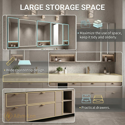 78''-96'' Double Bathroom Vanity with Sink Floating Stone Top Slatted Doors Center