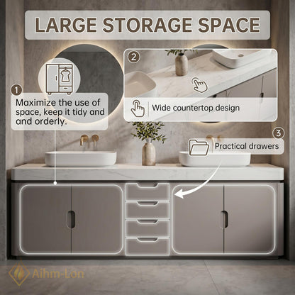 70''-96'' Double Bathroom Vanity with Sink Grey White Modern Floating Stone Countertop