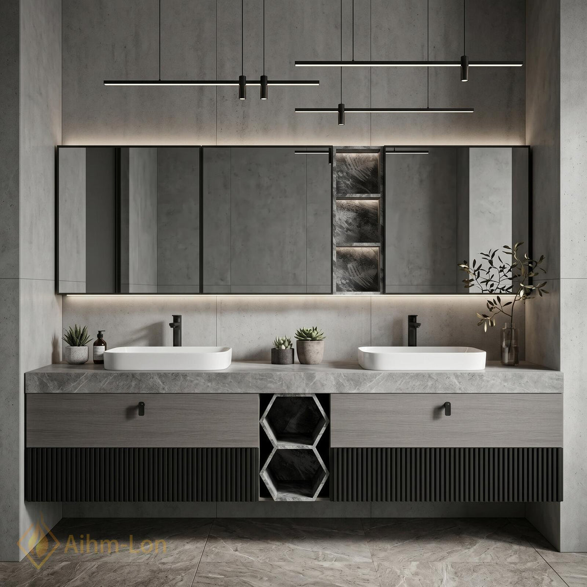 60''-96'' Double Bathroom Vanity with Sink Slate Grey Stone Slatted Center Panel