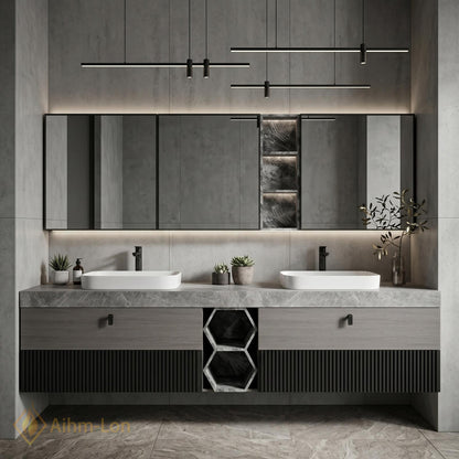 60''-96'' Double Bathroom Vanity with Sink Slate Grey Stone Slatted Center Panel