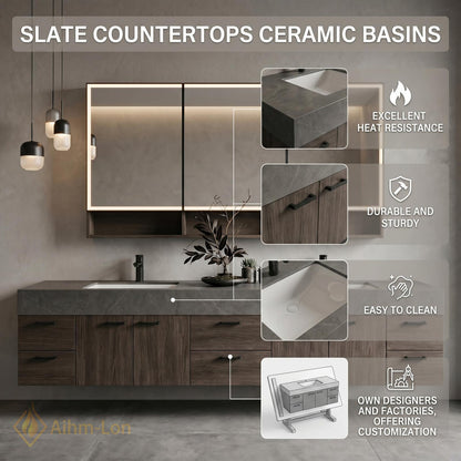 70''-96'' Modern Double Floating Bathroom Vanity with Sink Dark Center Slatted Panel