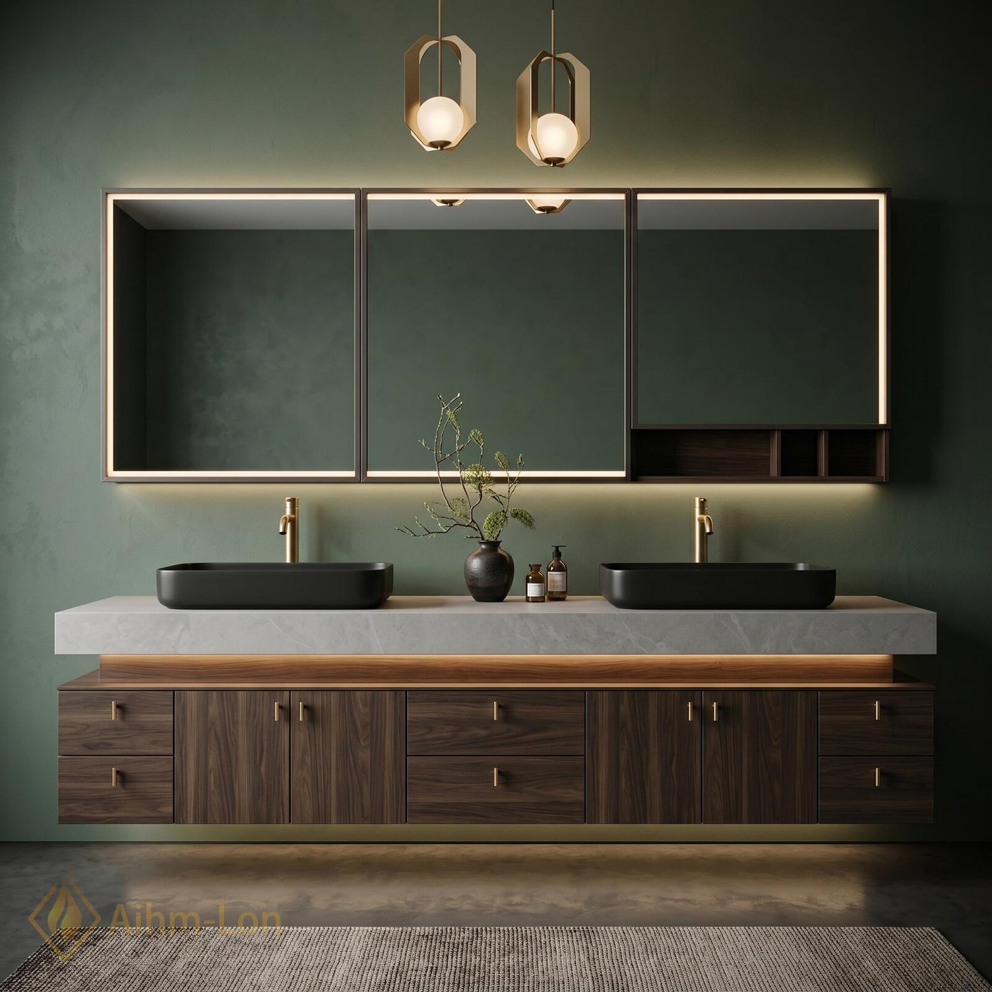 72''-96'' Double Bathroom Vanity with Sink Dark-Wood Floating Stone Countertop Elegant
