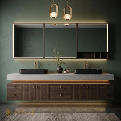 72''-96'' Double Bathroom Vanity with Sink Dark-Wood Floating Stone Countertop Elegant