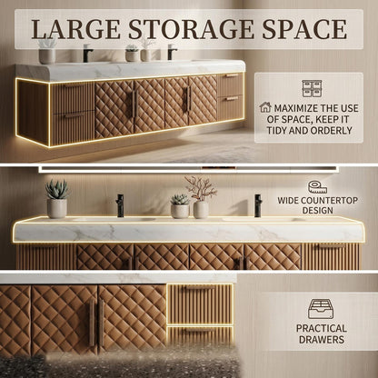 60''-96'' Double Bathroom Vanity with Sink Modern Floating Quilted Leather-Style Solid Wood