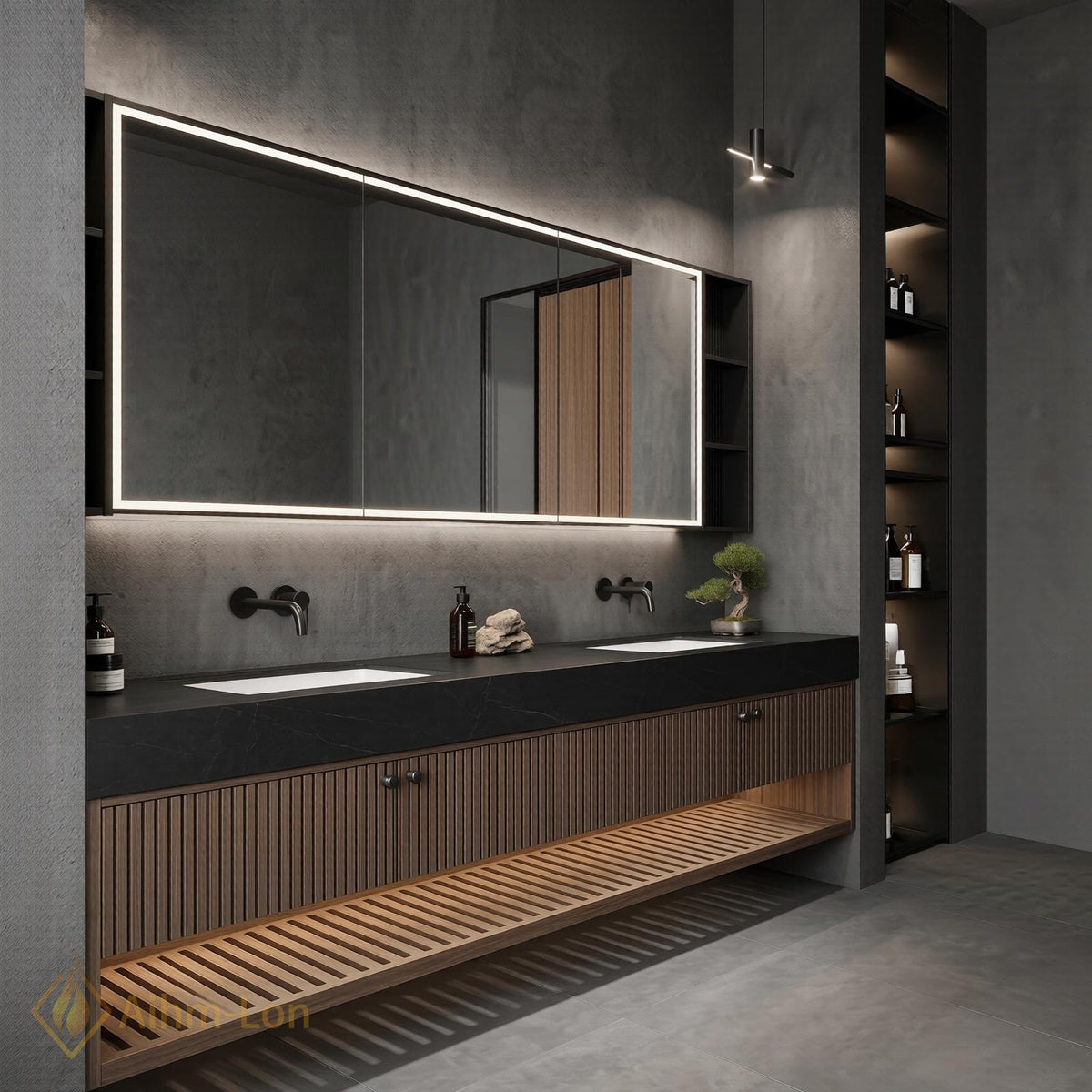 60''-96'' Double Bathroom Vanity with Sink Modern Floating Slatted Wood Dark Stone