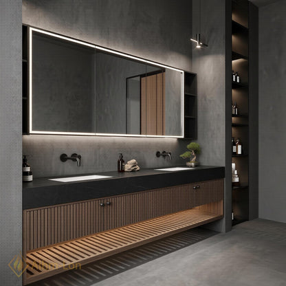 60''-96'' Double Bathroom Vanity with Sink Modern Floating Slatted Wood Dark Stone