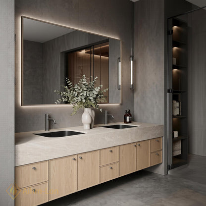 76''-96'' Double Bathroom Vanity with Sink Warm-Oak Modern Drawers Mirror Wall