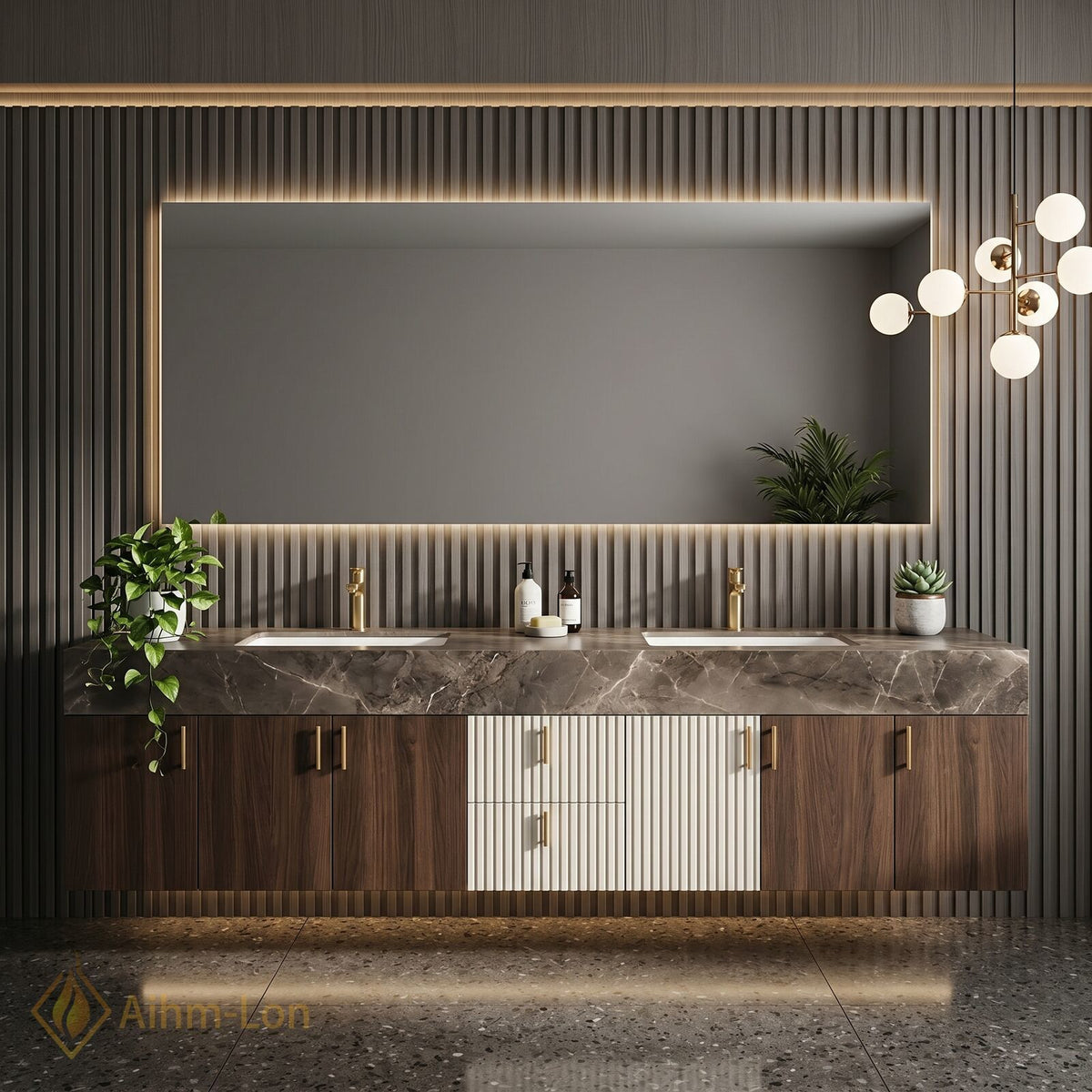 76''-96'' Double Bathroom Vanity with Sink Slatted Side Panels Dark Walnut Finish