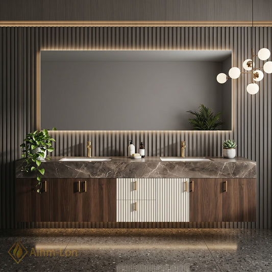 76''-96'' Double Bathroom Vanity with Sink Slatted Side Panels Dark Walnut Finish