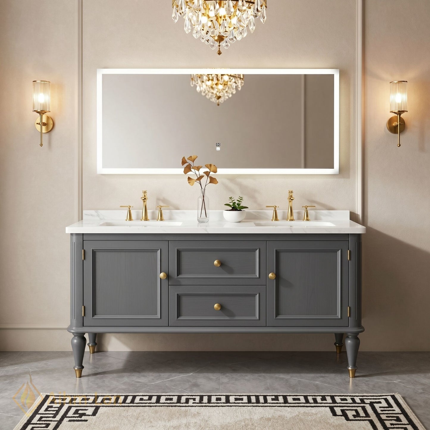 60''-96'' Double Bathroom Vanity with Sink Marble Top Drawers Cabinet Frameless Mirror