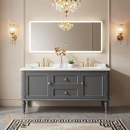 60''-96'' Double Bathroom Vanity with Sink Marble Top Drawers Cabinet Frameless Mirror
