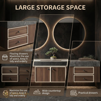 70''-96'' Double Bathroom Vanity with Sink Dark-Walnut Modern Floating Slatted