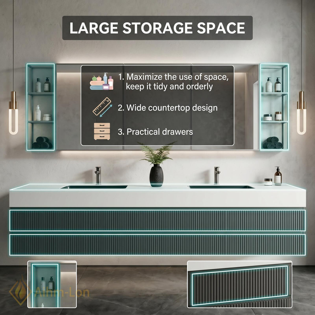60''-96'' Double Bathroom Vanity with Sink Floating Double Charcoal Finish Slatted Front