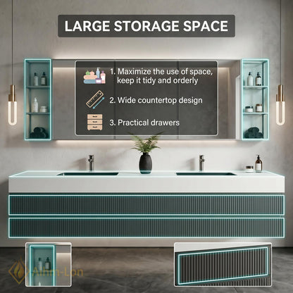 60''-96'' Double Bathroom Vanity with Sink Floating Double Charcoal Finish Slatted Front