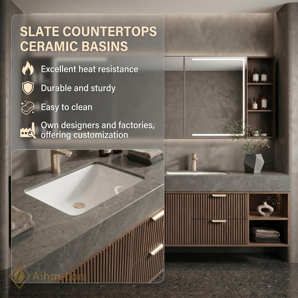 60''-96'' Double Bathroom Vanity with Sink Modern Wall-Mounted Dark Walnut Slatted Panel
