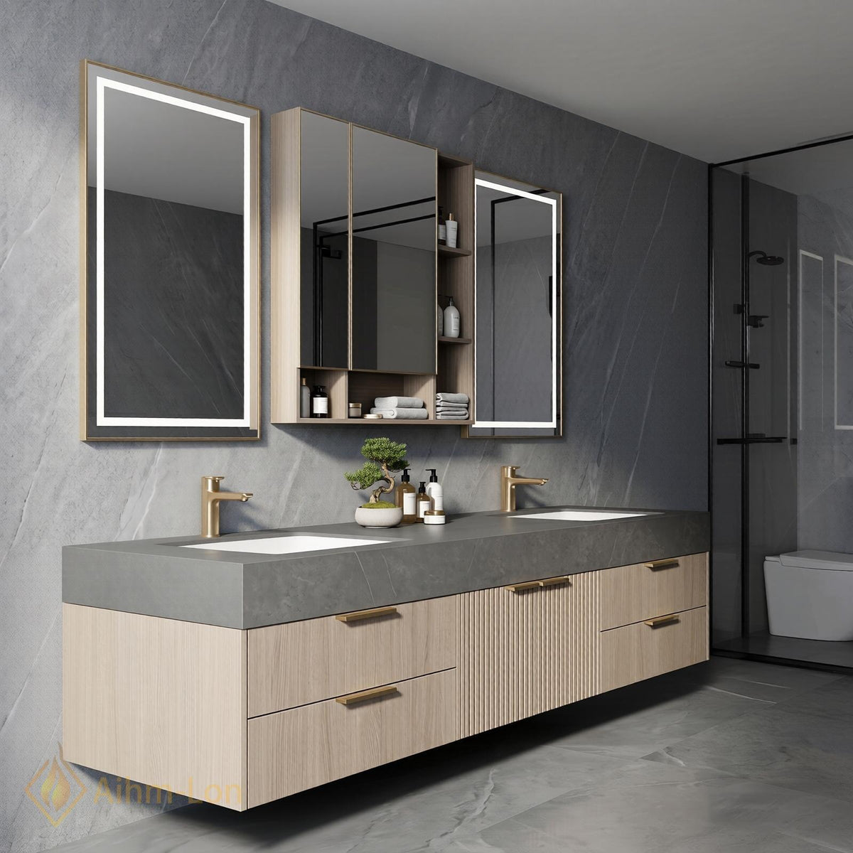 60''-96'' Modern Floating Bathroom Vanity with Sink Grey Stone Top Ribbed Doors