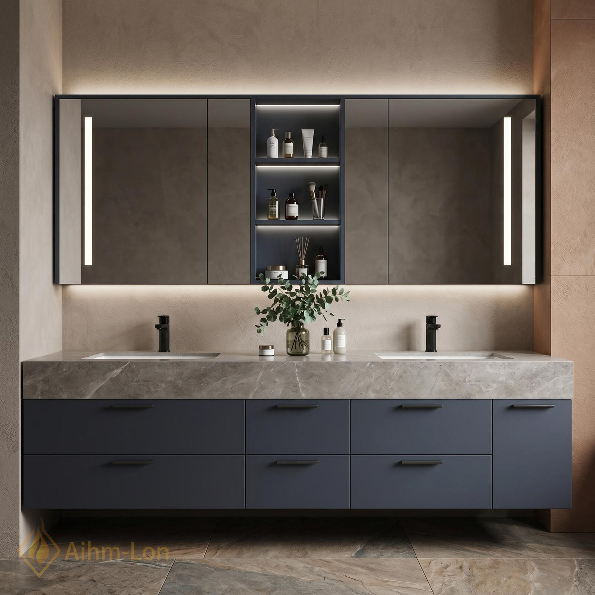 60''-96'' Double Bathroom Vanity with Sink Floating Gray Matte Finish Glass Mirrors