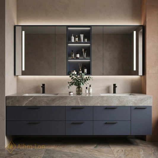60''-96'' Double Bathroom Vanity with Sink Floating Gray Matte Finish Glass Mirrors
